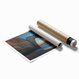 Stunning landscape print showcasing dramatic cliffs and vibrant skies, rolled for easy shipping in a protective cardboard tube, perfect for home decor enthusiasts.