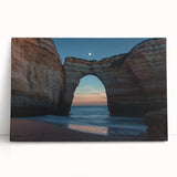 Stretched canvas artwork showcasing a dramatic landscape of towering cliffs under a vibrant sunset, ideal for home decor and wall art enthusiasts. Perfect for adding a touch of nature-inspired elegance to any space.