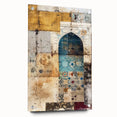 Abstract architectural wall art displayed in acrylic glass, showcasing intricate geometric designs in bold colors, mounted with decorative pins for a modern aesthetic.