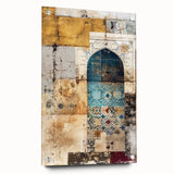 Abstract architectural wall art displayed in acrylic glass, showcasing intricate geometric designs in bold colors, mounted with decorative pins for a modern aesthetic.