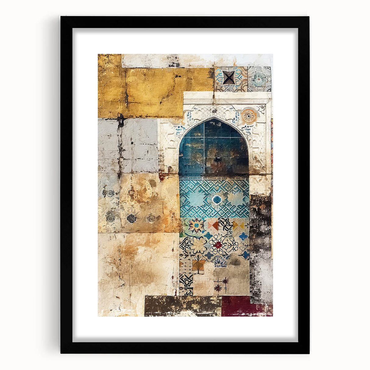 Abstract architectural wall art framed in black with a white mat, showcasing geometric patterns that enhance modern interior decor, perfect for stylish home or office aesthetics.