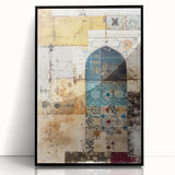 Abstract architectural wall art framed in black acrylic, showcasing geometric shapes and bold colors, perfect for modern home decor and artistic inspiration.
