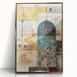 Framed acrylic wall art showcasing an abstract architectural design with gold accents, perfect for modern home decor. Ideal for enhancing contemporary living spaces.
