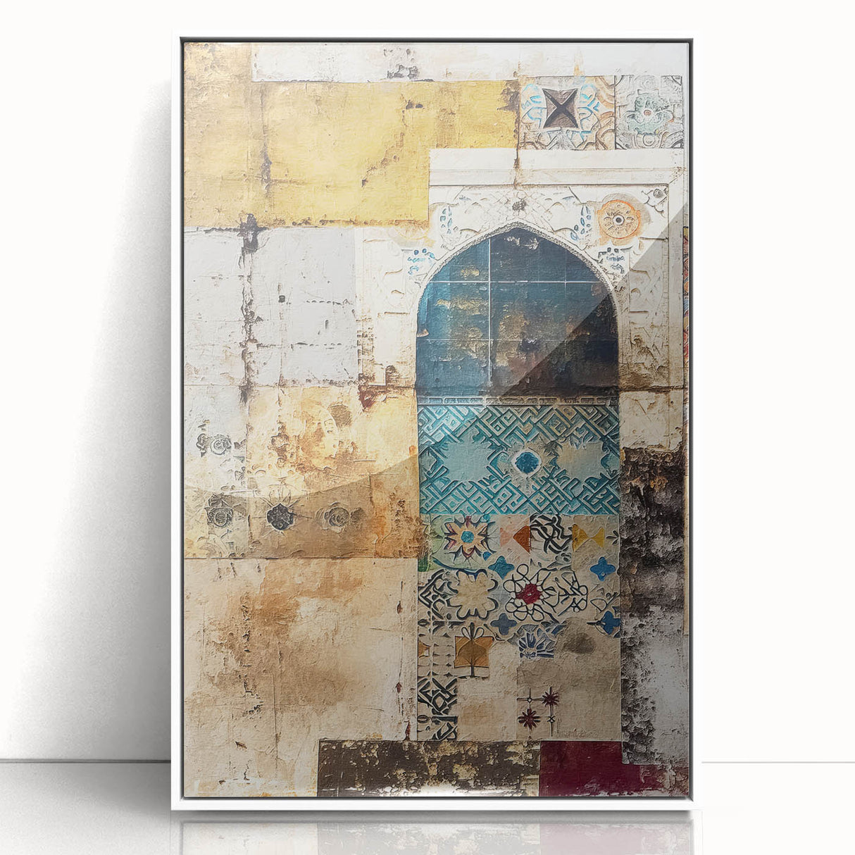 Framed abstract architecture wall art in a sleek white frame, showcasing geometric shapes and soft pastel colors, perfect for modern home decor.