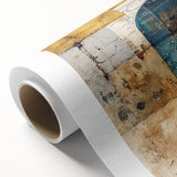 Abstract architectural wall art design on rolled canvas, showcasing geometric shapes in vibrant colors of blue, orange, and yellow, perfect for modern decor.