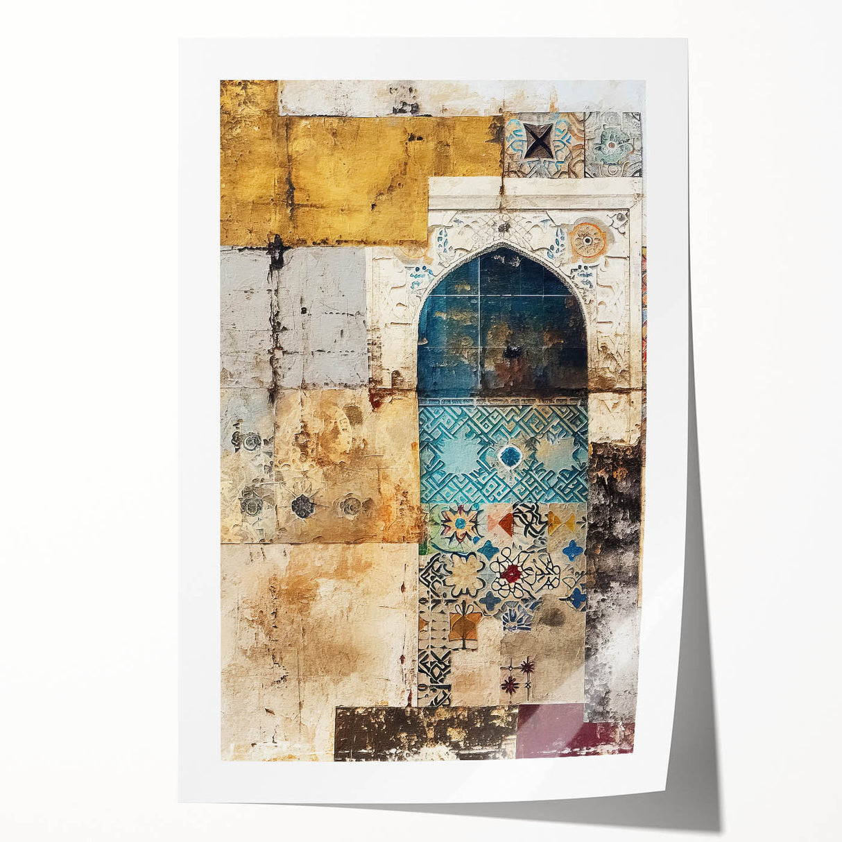 Abstract architecture wall art print showcasing geometric shapes in vibrant colors, rolled and ready for display, emphasizing modern design aesthetics.