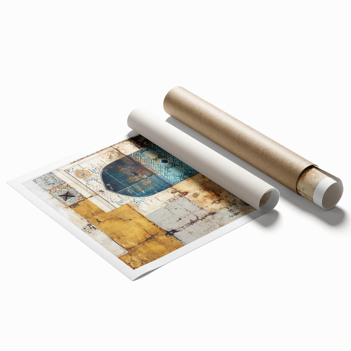Abstract architectural wall art print showcasing geometric shapes in vibrant colors, rolled and ready for display in a protective cardboard tube. Ideal for modern decor.