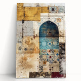 Abstract architectural wall art on stretched canvas, featuring geometric shapes in muted tones of beige and gray, leaning against a textured wall, perfect for modern decor.