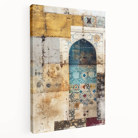 Abstract architectural wall art on stretched canvas, showcasing geometric shapes in shades of blue and gold, perfect for modern home decor.
