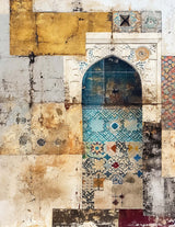 Abstract architecture wall art featuring geometric shapes in vibrant blue and gold tones, creating a modern aesthetic suitable for contemporary interiors.