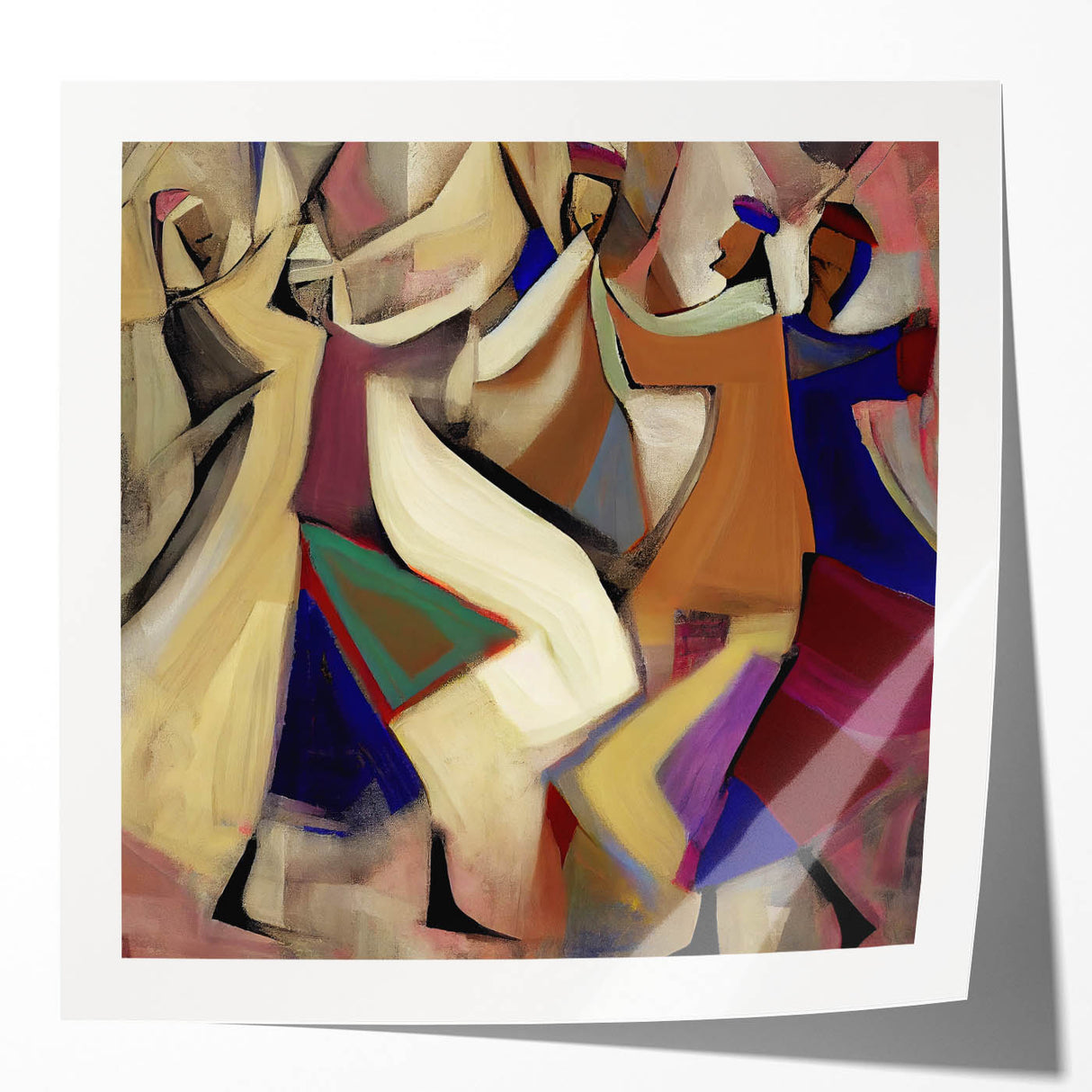 Abstract figurative wall art print showcasing vibrant colors and dynamic shapes, designed to enhance modern interiors. Ideal for contemporary decor settings.