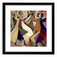 Abstract figurative wall art framed with a black mat and sleek frame, showcasing vibrant colors and dynamic shapes, ideal for modern home decor.