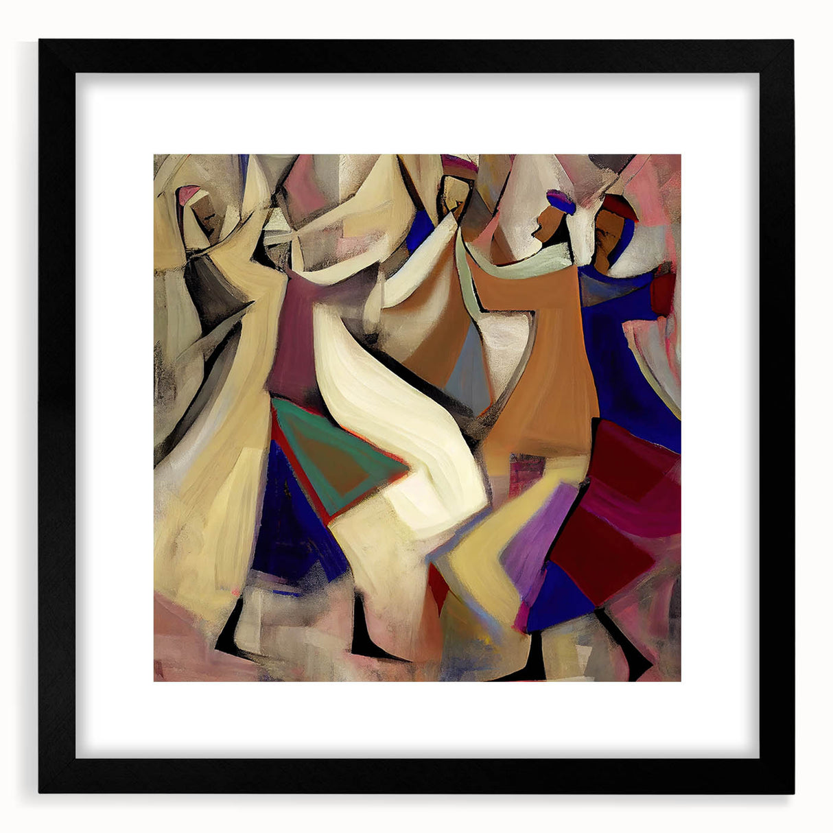 Abstract figurative wall art framed with a black mat and sleek frame, showcasing vibrant colors and dynamic shapes, ideal for modern home decor.