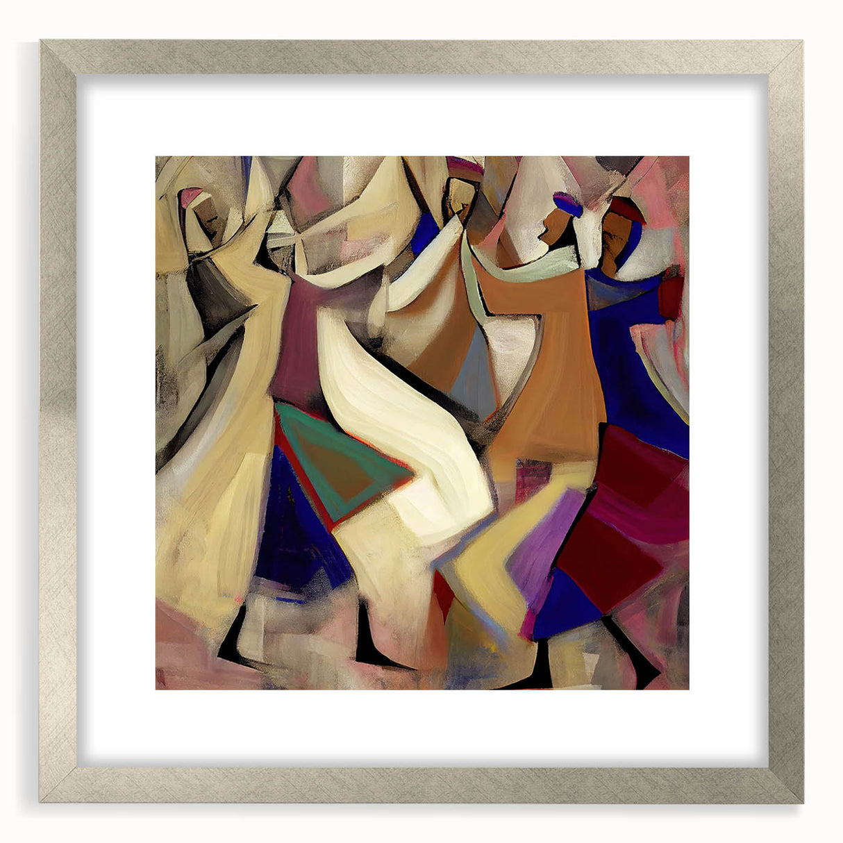 Abstract figurative wall art frame in silver with a mat, showcasing a modern design that adds elegance to any interior decor. Perfect for contemporary spaces.