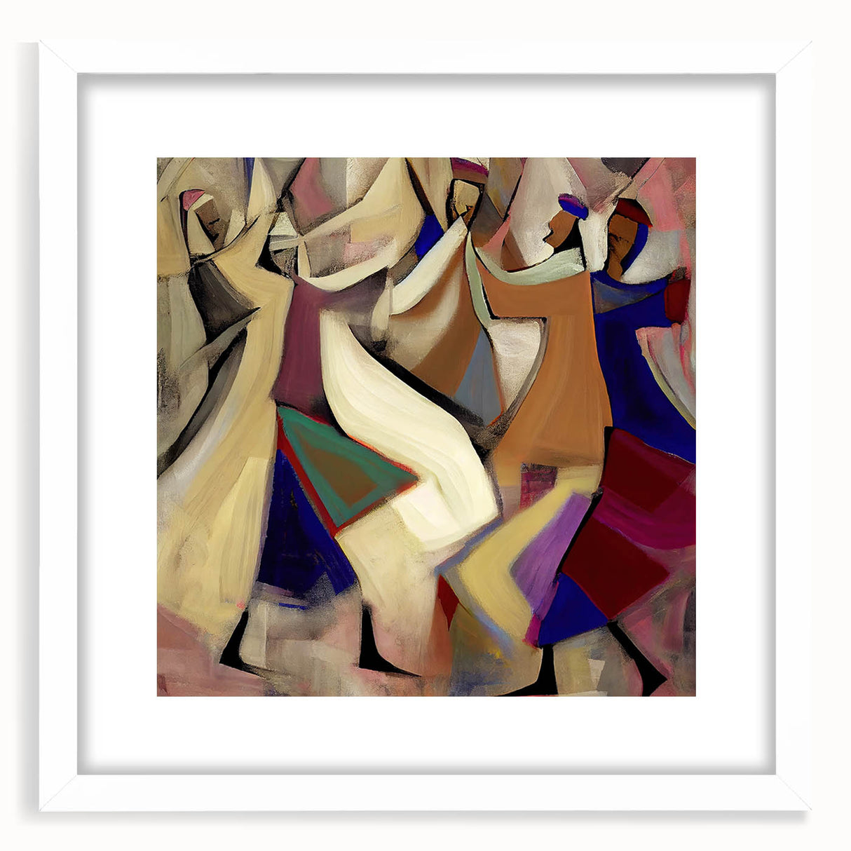 Abstract figurative wall art framed in white with a mat, showcasing vibrant colors and modern design elements, perfect for contemporary home decor.