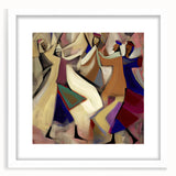 Abstract figurative wall art framed in white with a mat, showcasing vibrant colors and modern design elements, perfect for contemporary home decor.