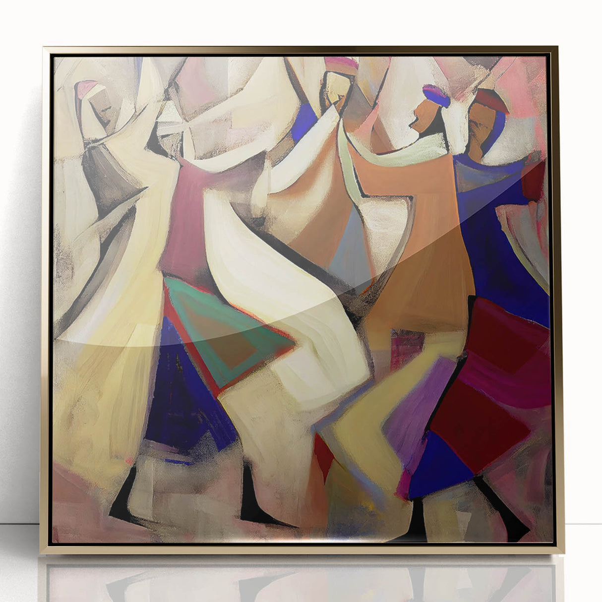 Framed abstract figurative wall art featuring gold accents on a textured surface, showcased from a front view against a neutral background, perfect for modern decor.