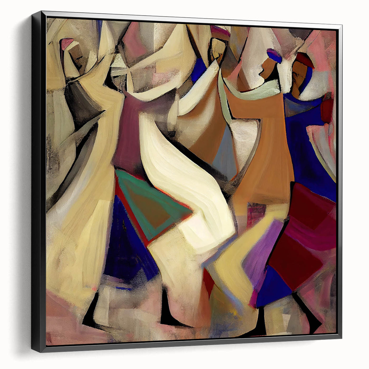 Framed abstract figurative wall art in black, showcasing a modern design. The piece is displayed from a side view, highlighting its sleek profile and elegant frame, perfect for contemporary decor.