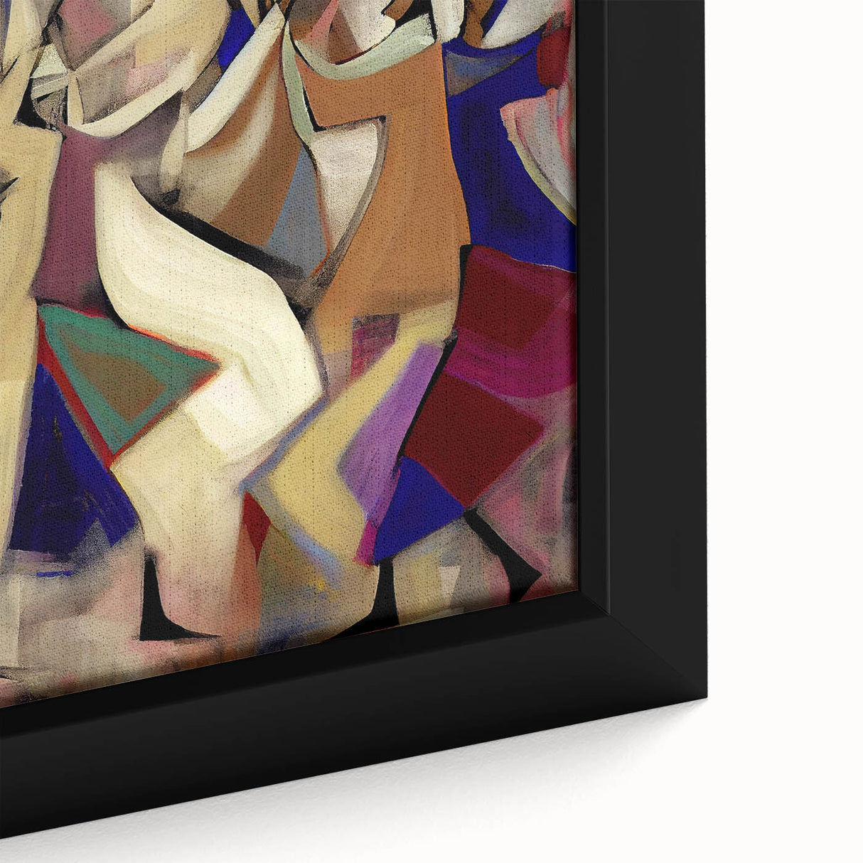 Close-up of an abstract figurative wall art piece, showcasing vibrant colors and intricate textures, framed beautifully to enhance any modern decor setting.