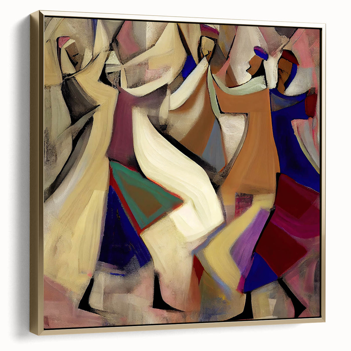 Framed abstract figurative wall art featuring a blend of silver and gold tones, showcasing dynamic shapes and textures, perfect for modern home decor.