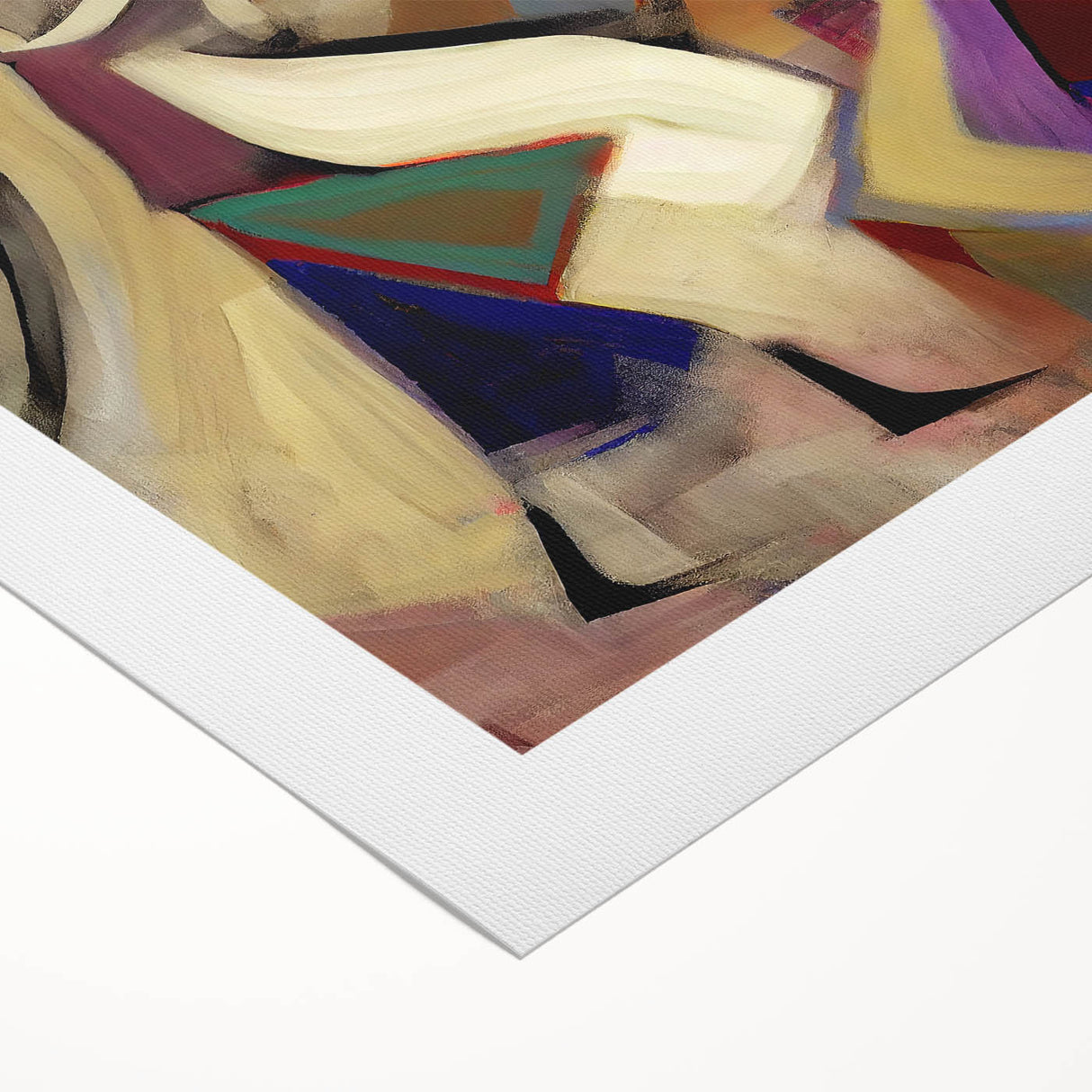 Abstract figurative wall art on rolled canvas showcasing vibrant colors and dynamic shapes, ideal for modern decor. Packaged securely in a protective tube.