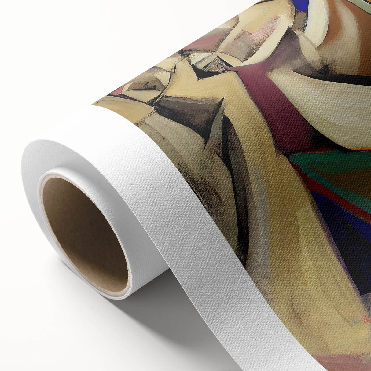 Abstract figurative wall art on a rolled canvas, showcasing vibrant colors and dynamic shapes, perfect for modern decor styles, delivered in protective packaging.