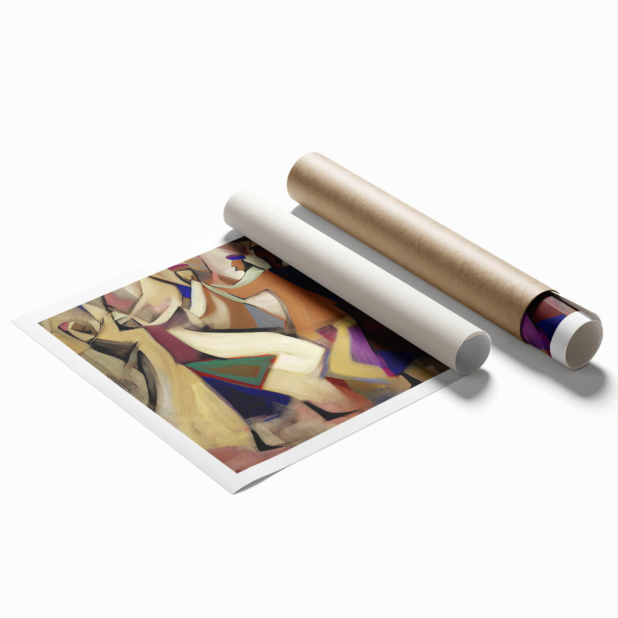 Abstract figurative wall art print showcasing vibrant colors and dynamic shapes, rolled for easy transport, perfect for modern home decor and artistic expression.