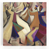 Abstract figurative wall art on stretched canvas, showcasing vibrant colors and dynamic shapes, ideal for modern home decor, enhancing artistic ambiance.
