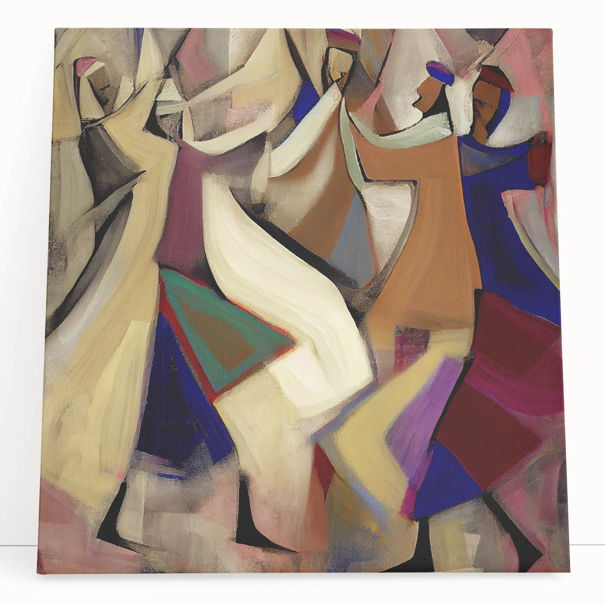 Abstract figurative wall art on stretched canvas, showcasing vibrant colors and dynamic shapes, elegantly leaning against a light-colored wall for a modern aesthetic. Ideal for contemporary home decor.