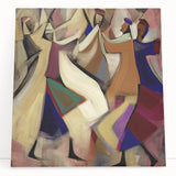Abstract figurative wall art on stretched canvas, showcasing vibrant colors and dynamic shapes, elegantly leaning against a light-colored wall for a modern aesthetic. Ideal for contemporary home decor.