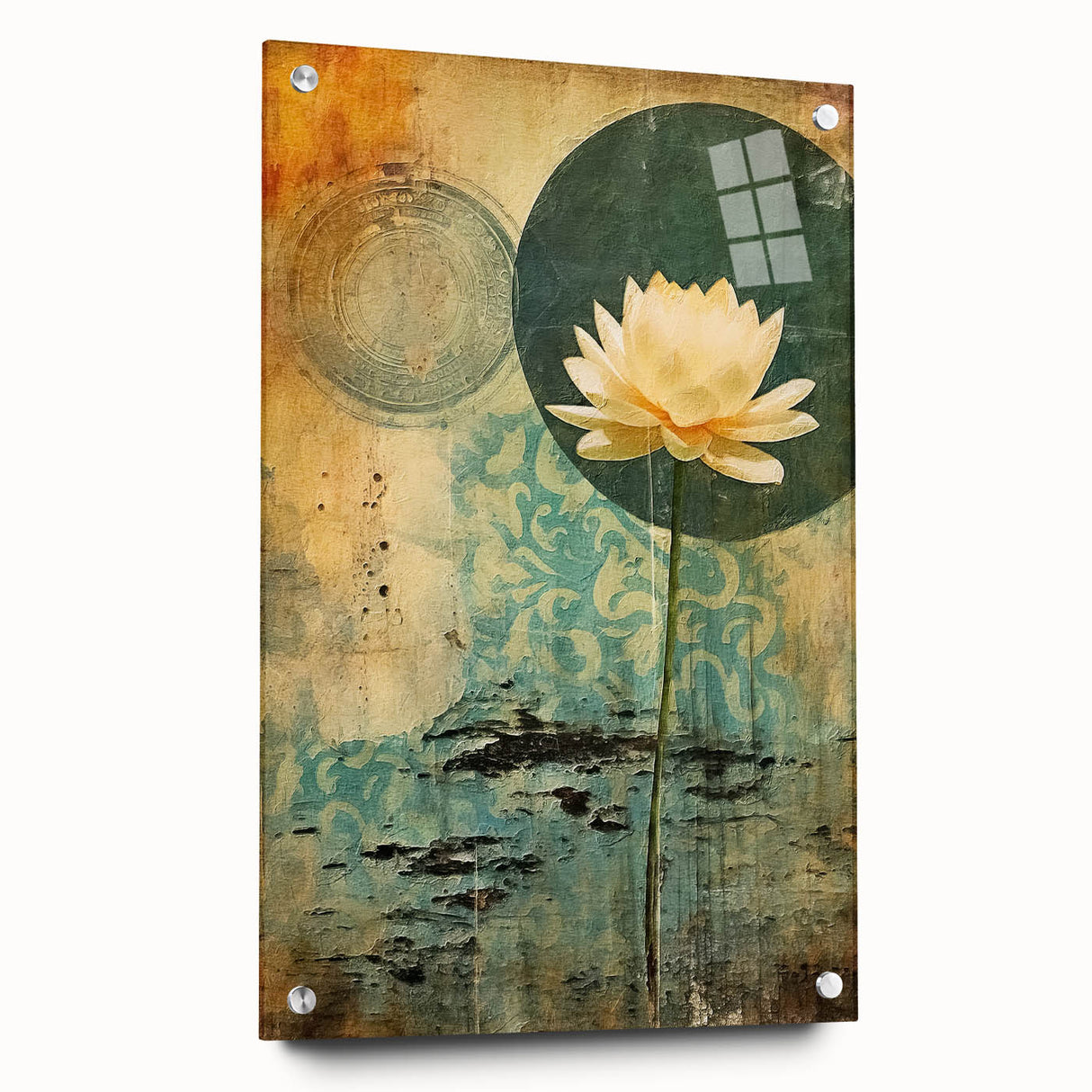 Abstract floral wall art displayed in a side view, showcasing vibrant colors and intricate designs, framed with acrylic glass and secured with decorative pins for a modern aesthetic. Perfect for enhancing any contemporary living space or gallery wall.