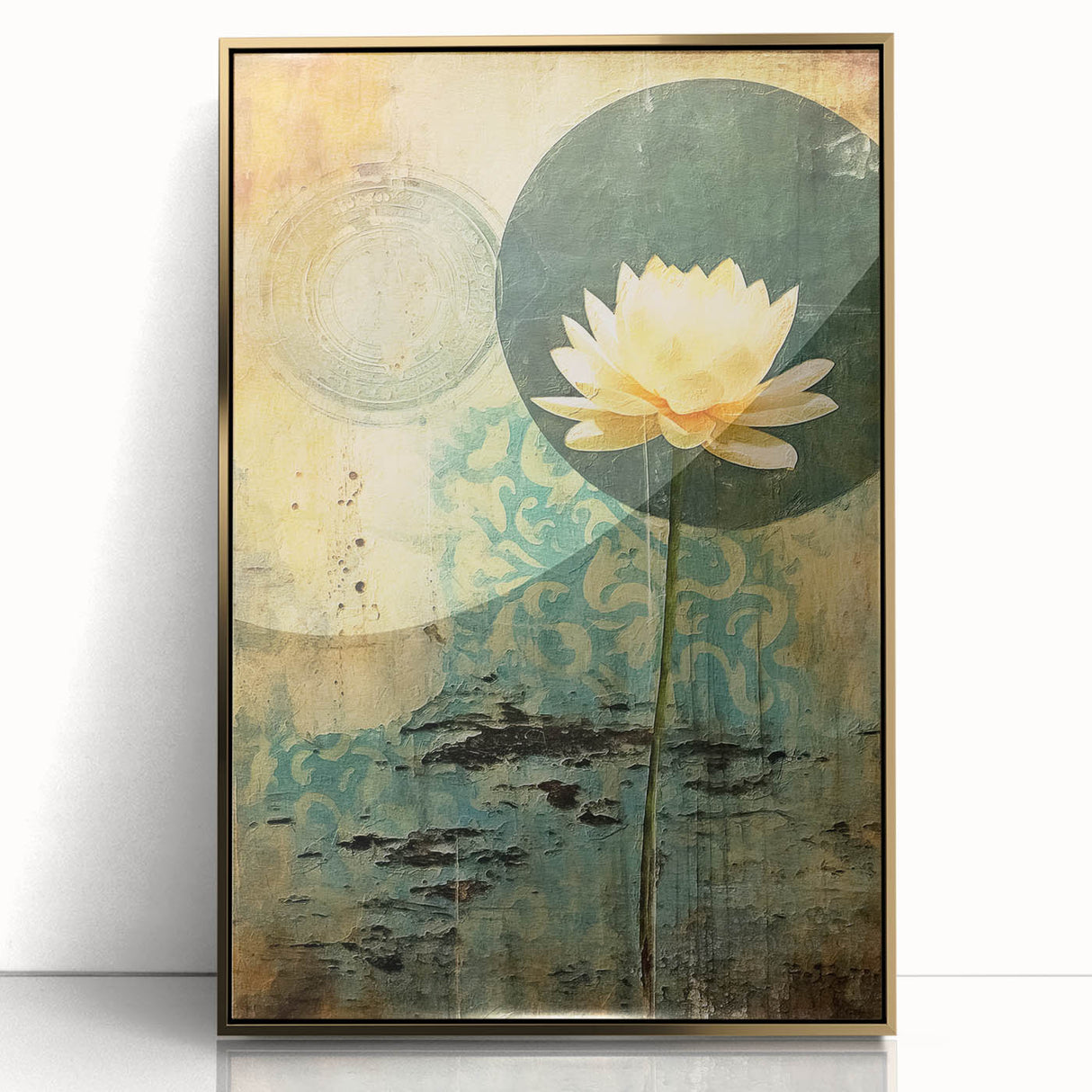 Framed abstract floral wall art featuring vibrant colors and intricate designs in gold and teal, enhancing modern decor in living spaces.