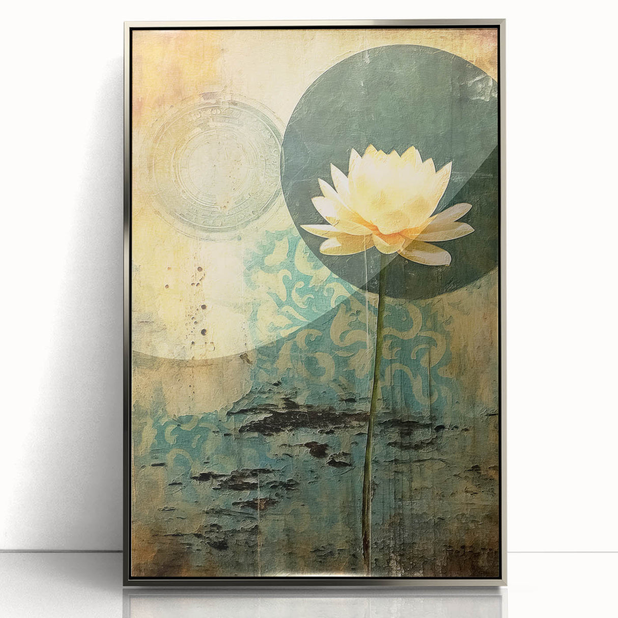 Framed abstract floral wall art featuring vibrant colors and intricate designs, set in a sleek silver frame, perfect for modern home decor.