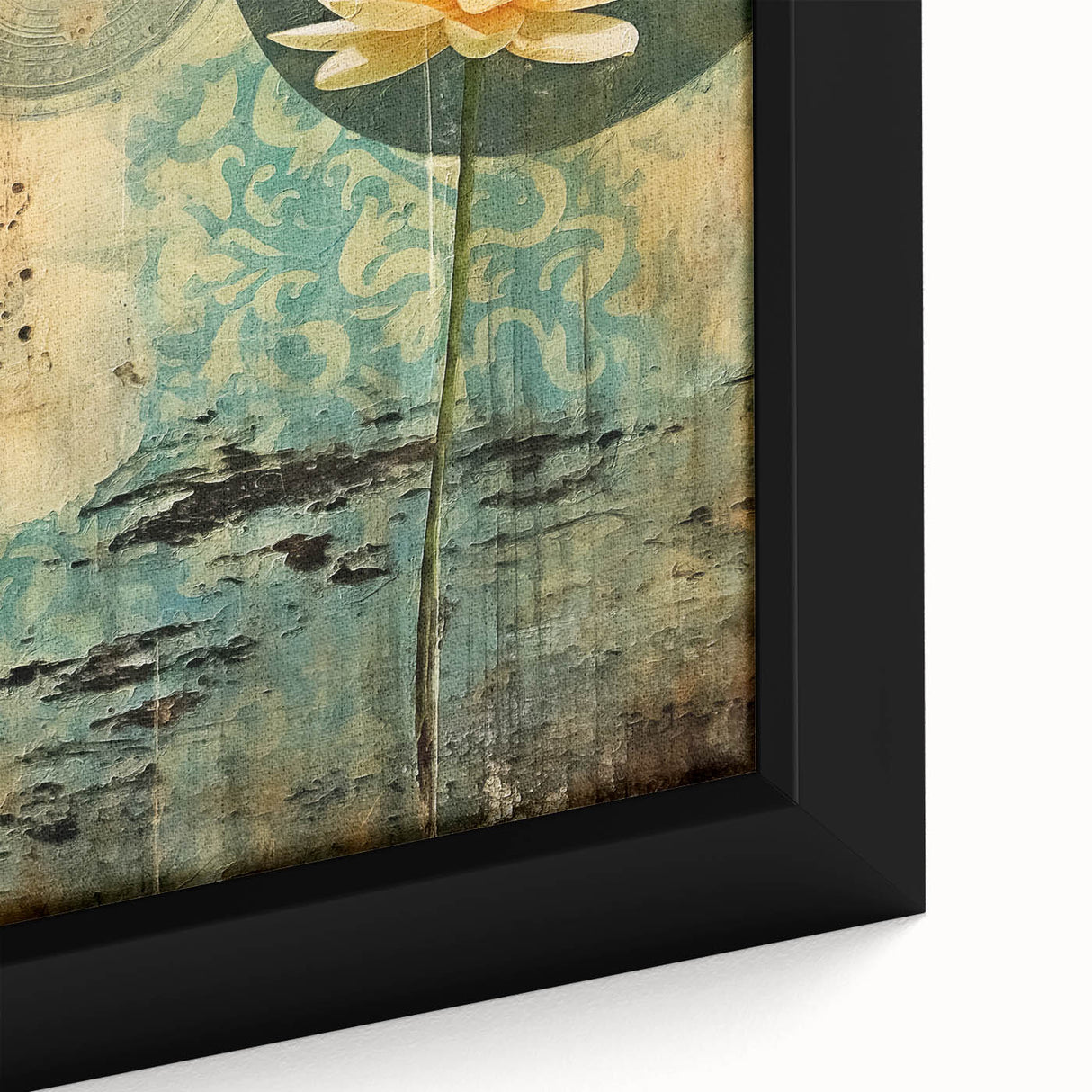 Close-up view of an abstract floral wall art piece featuring vibrant colors and intricate details, elegantly framed in a modern setting, perfect for home decor.