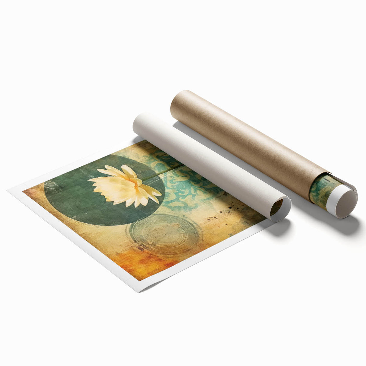Colorful abstract floral wall art print featuring vibrant hues of pink, green, and blue, showcasing a modern design ideal for home decor, rolled and ready for framing.