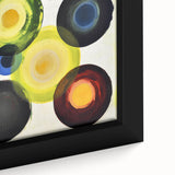 Close-up of an abstract geometric framed canvas artwork showcasing vibrant colors and intricate patterns, perfect for modern home decor. The piece highlights a contemporary design that enhances any living space with its artistic flair.