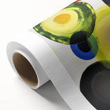 Abstract geometric design rolled canvas showcasing vibrant shades of blue, orange, and yellow, ideal for modern home decor, elegantly housed in a protective tube.