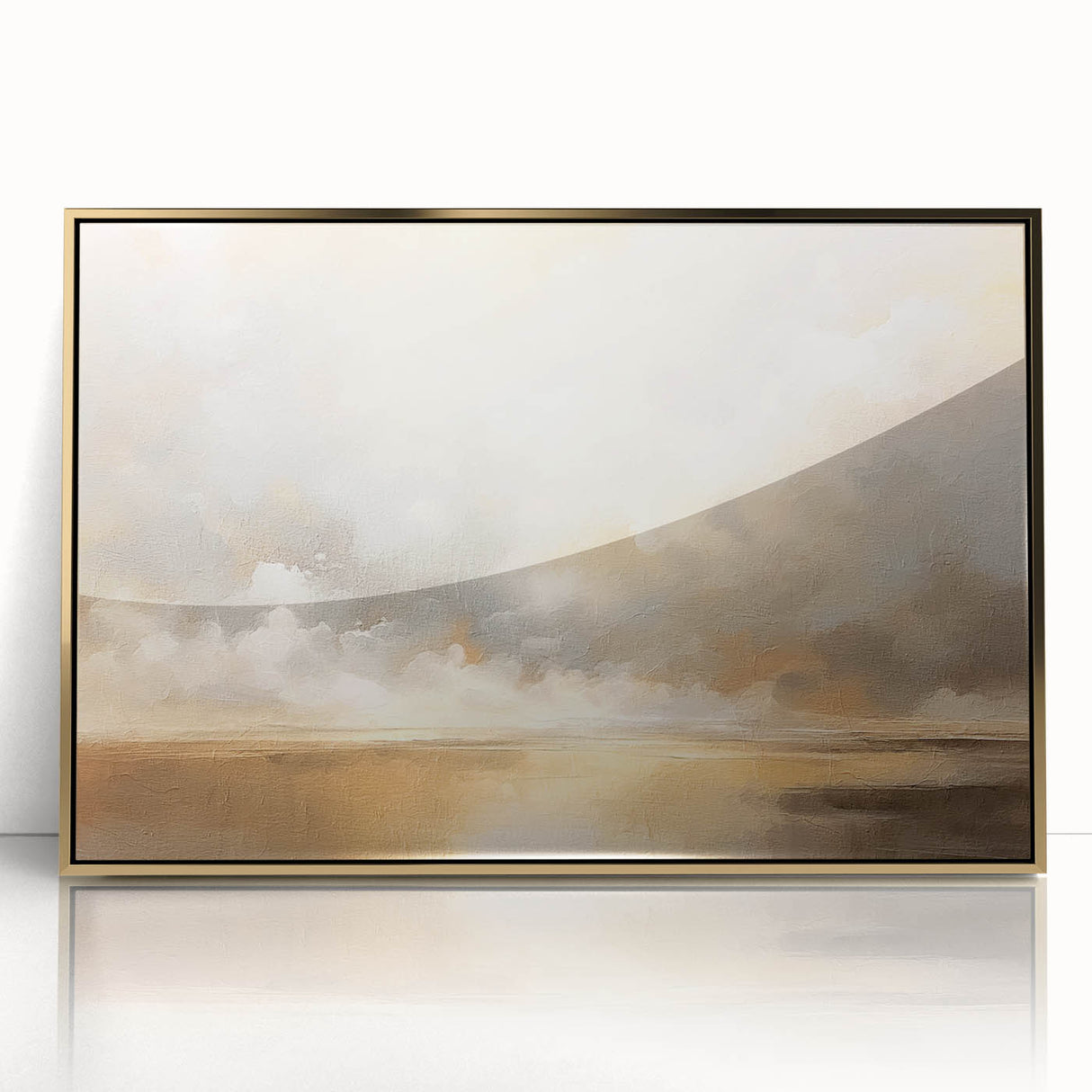 Framed acrylic wall art depicting an abstract landscape with gold accents, showcasing a blend of earthy tones and vibrant hues, perfect for modern home decor.