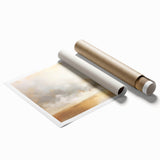 Abstract landscape wall art print showcasing vibrant colors of blue, orange, and green, rolled and ready for display, ideal for modern home decor.