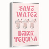 Vintage poster art of assorted beverages in vibrant colors on a large framed canvas, suitable for living room decor.