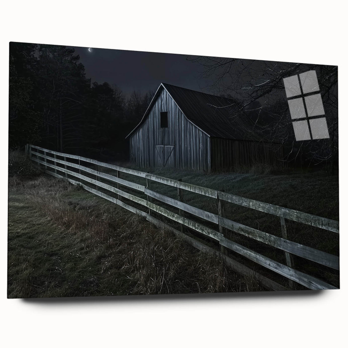 Side view of a landscape barn design printed on acrylic glass, showcasing vibrant colors and intricate details, ideal for modern home decor.