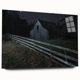 Side view of a landscape barn design printed on acrylic glass, showcasing vibrant colors and intricate details, ideal for modern home decor.