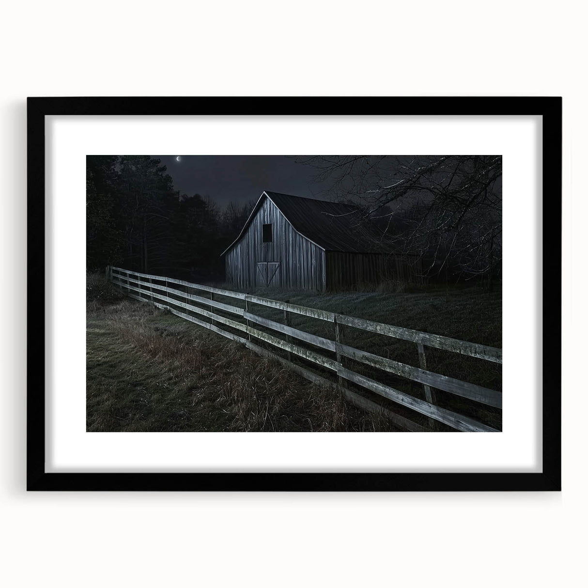 Black landscape barn frame showcasing a modern design, featuring a sleek matte finish and an elegant front view, perfect for home decor and artwork display. This frame enhances the aesthetic appeal of any interior space while providing a sophisticated touch.