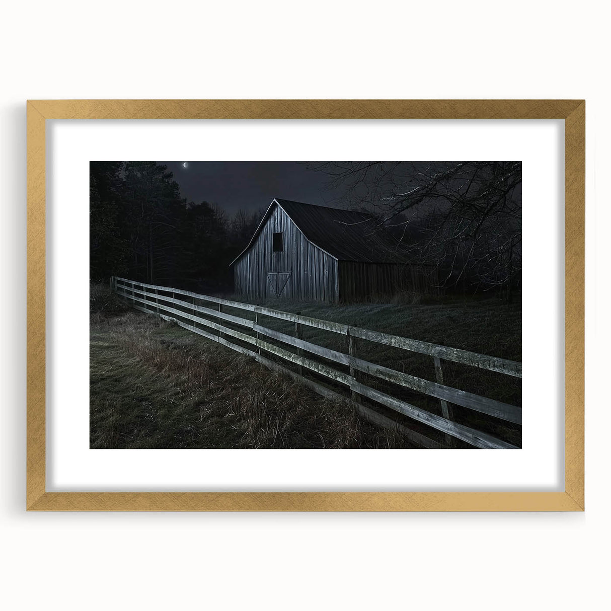 Landscape barn frame with a gold mat, showcasing a rustic design and elegant front view, ideal for enhancing home décor and gallery displays.