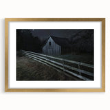 Landscape barn frame with a gold mat, showcasing a rustic design and elegant front view, ideal for enhancing home décor and gallery displays.