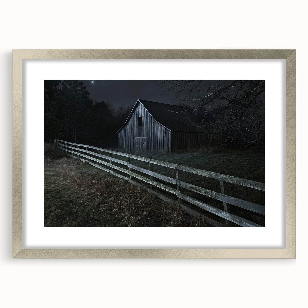 Landscape barn frame with a silver mat, showcasing an elegant front view, ideal for displaying artwork or photographs in a stylish home setting. Perfect for rustic or modern decor.