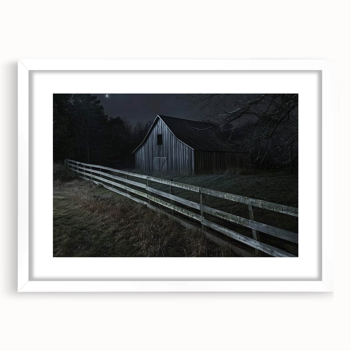 Landscape barn frame with a white mat, showcasing a stunning view of a rustic countryside scene. The frame is designed to enhance the artwork's natural beauty and adds a touch of elegance to any home decor.