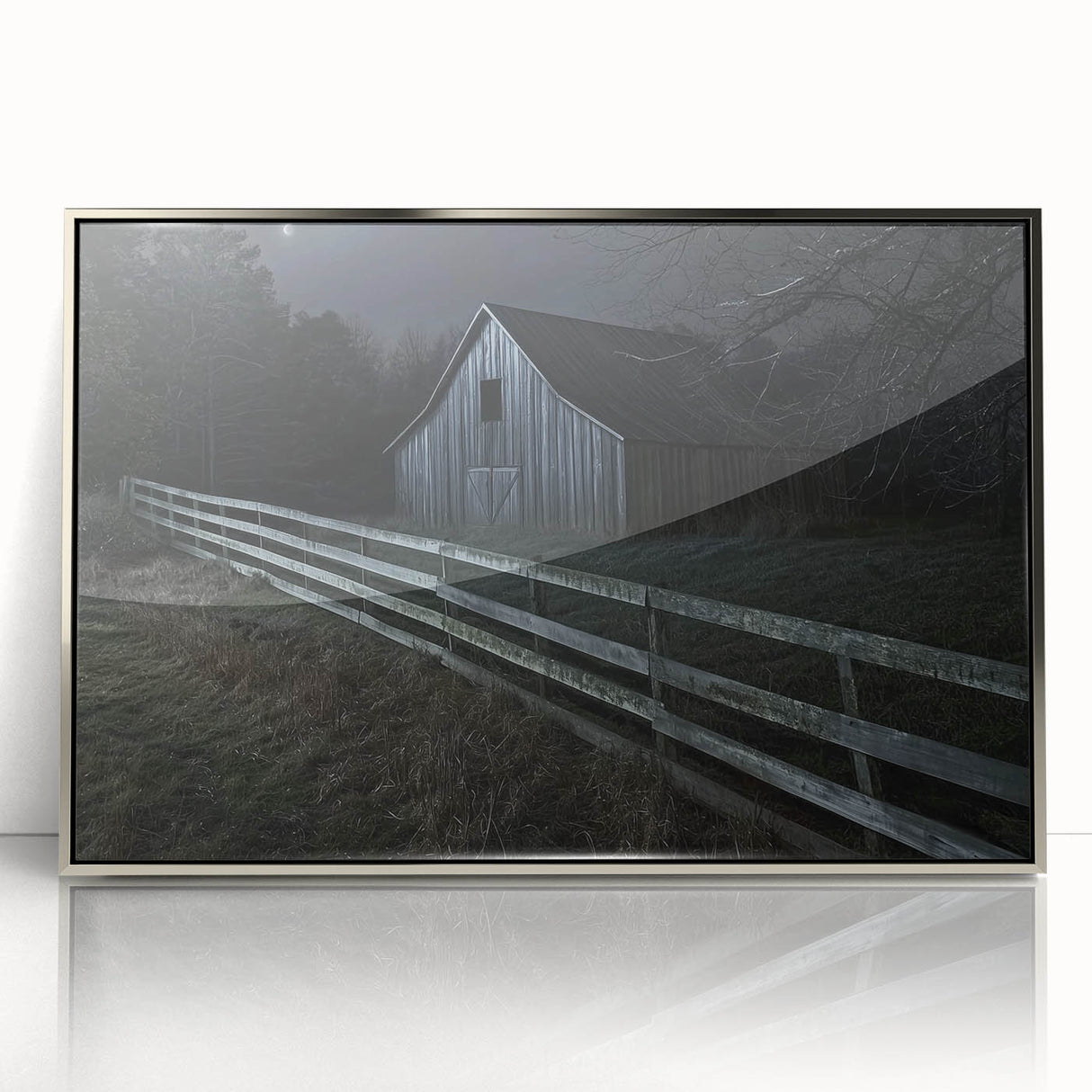 Framed acrylic artwork showcasing a serene landscape scene, featuring a rustic barn surrounded by lush greenery and vibrant skies, perfect for home decor.