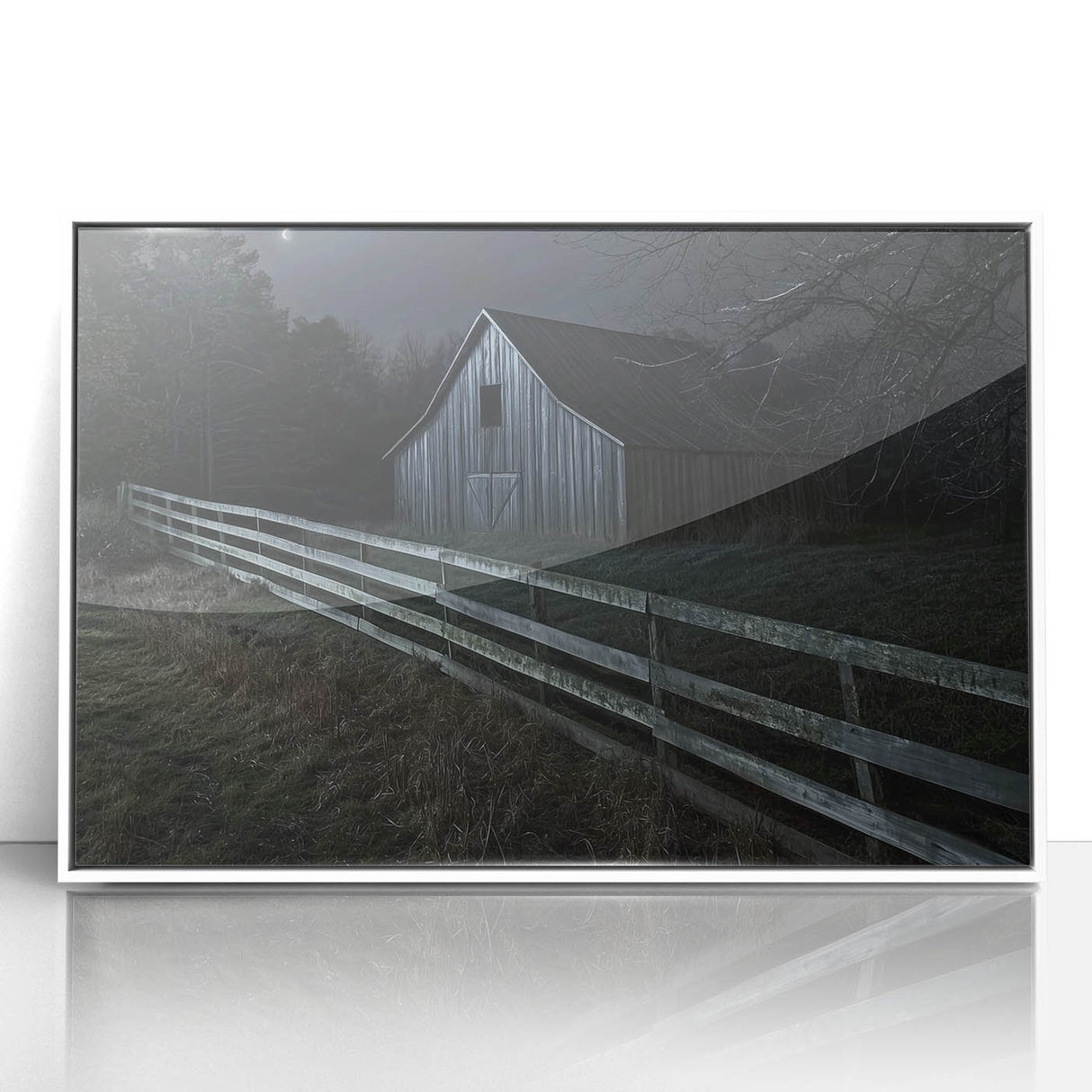 Framed acrylic landscape artwork of a barn in white frame, showcasing vibrant colors and intricate details, perfect for home decor and rustic themes.