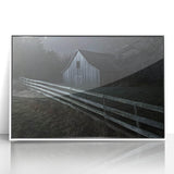 Framed acrylic landscape artwork of a barn in white frame, showcasing vibrant colors and intricate details, perfect for home decor and rustic themes.